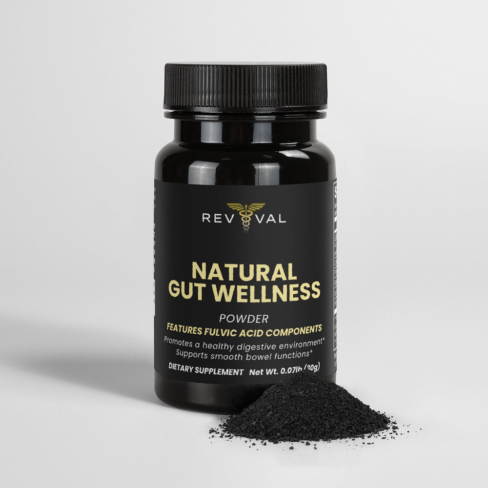 Black supplement bottle labeled 'Natural Gut Wellness' on a light gray background