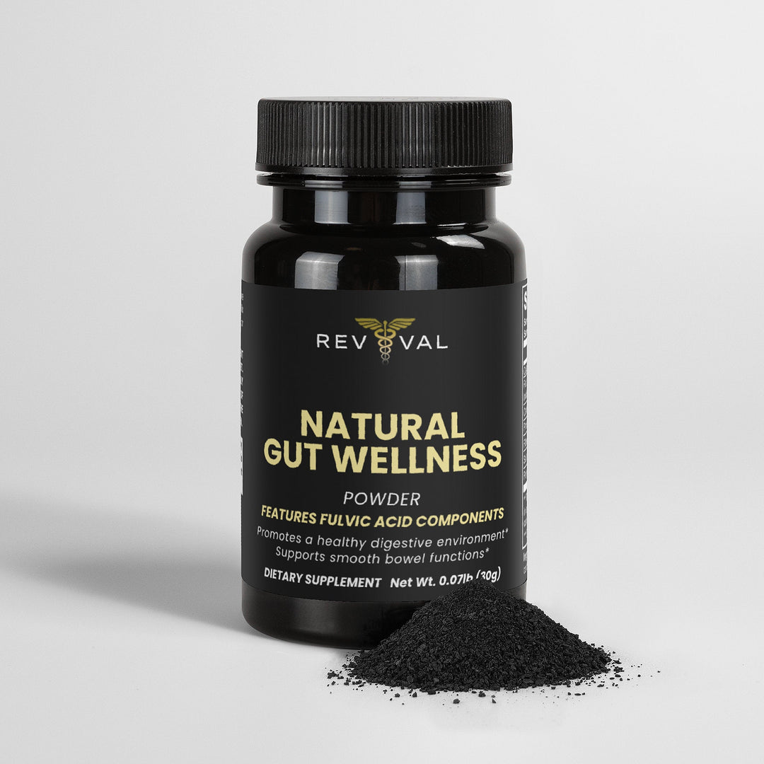 Black supplement bottle labeled 'Natural Gut Wellness' on a light gray background