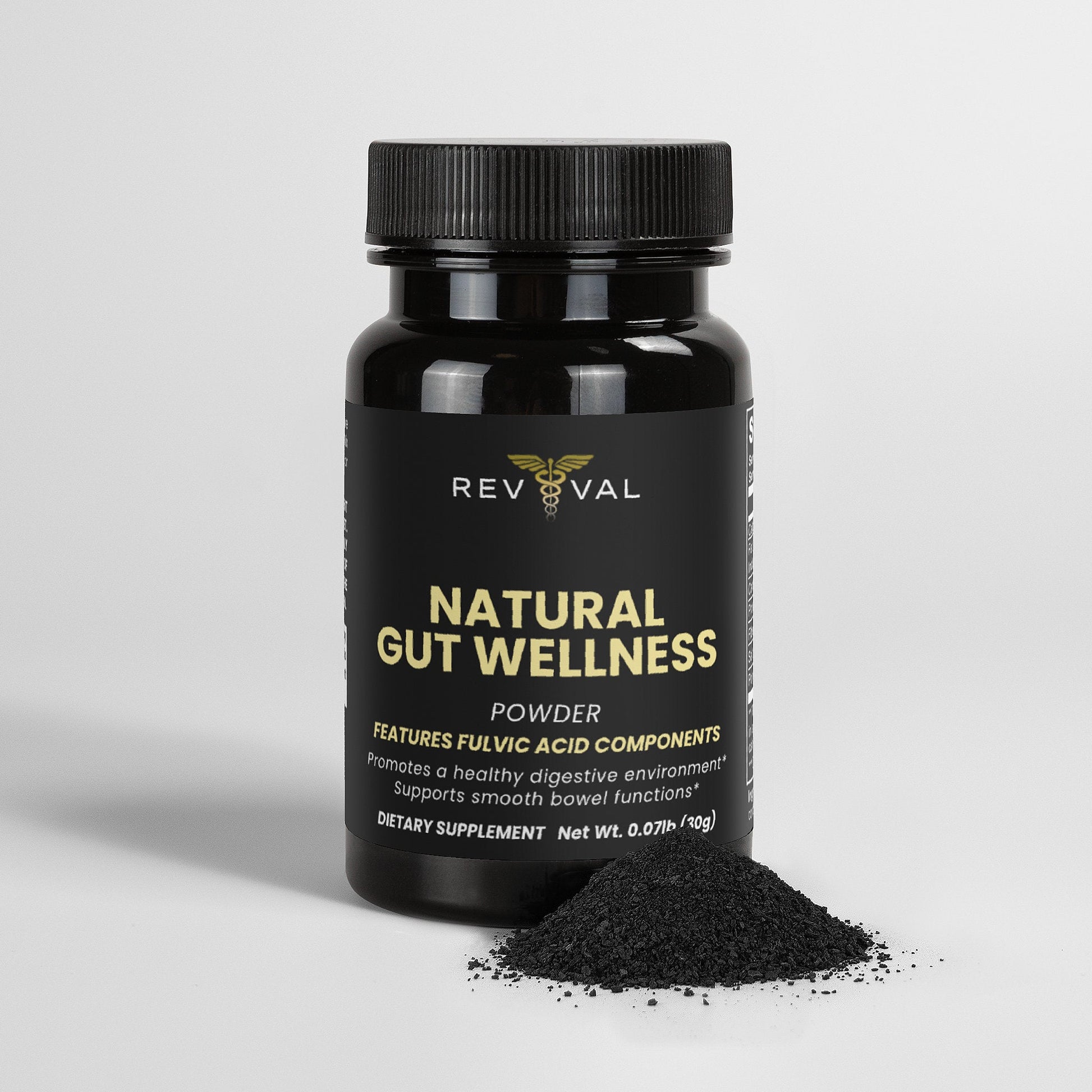 Black supplement bottle labeled 'Natural Gut Wellness' on a light gray background