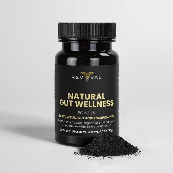 Black supplement bottle labeled 'Natural Gut Wellness' on a light gray background