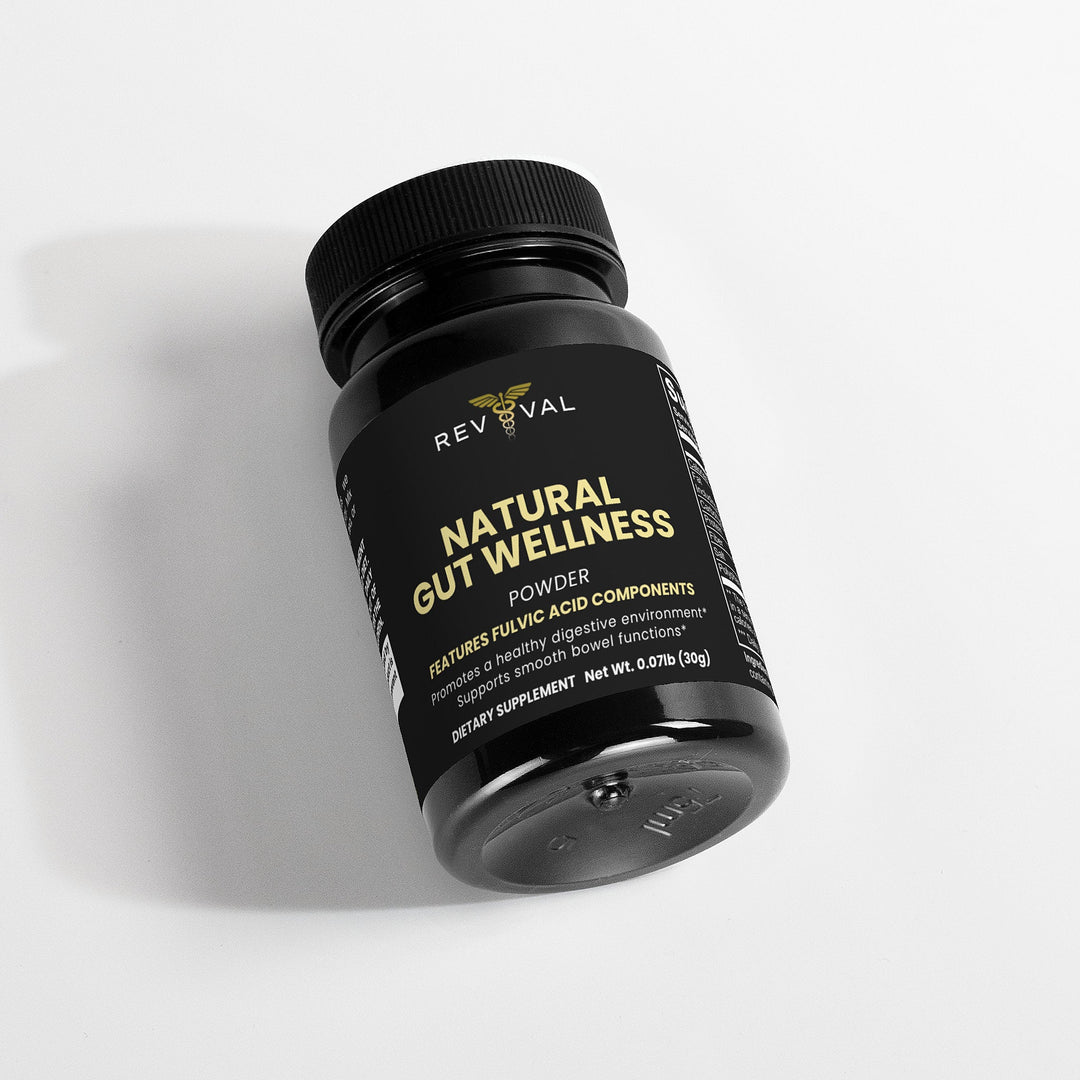 Black supplement bottle labeled 'Natural Gut Wellness' on a light gray background