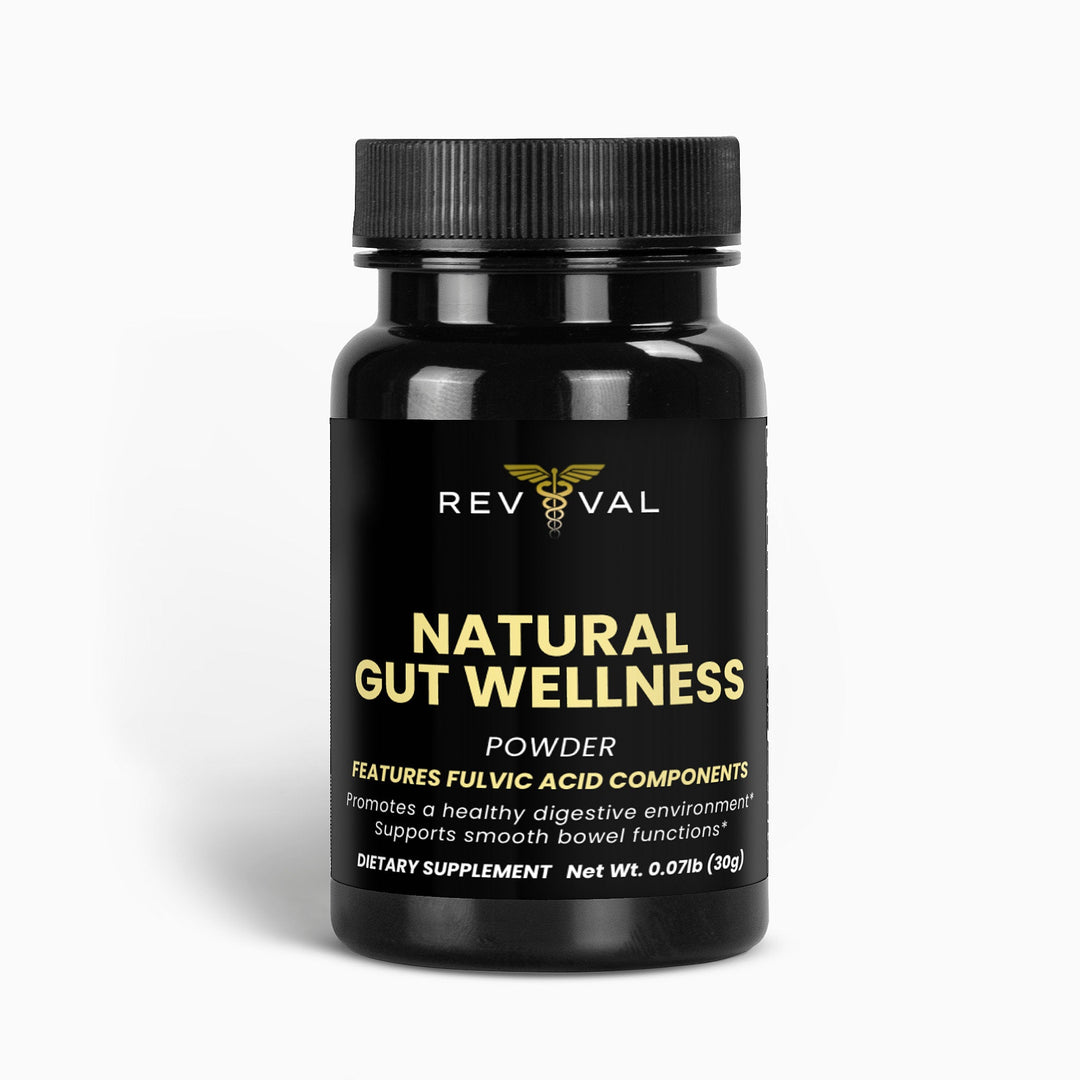 Black supplement bottle labeled 'Natural Gut Wellness' by Revival on a white background
