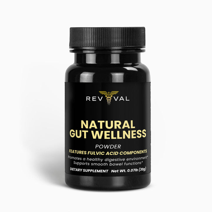 Black supplement bottle labeled 'Natural Gut Wellness' by Revival on a white background