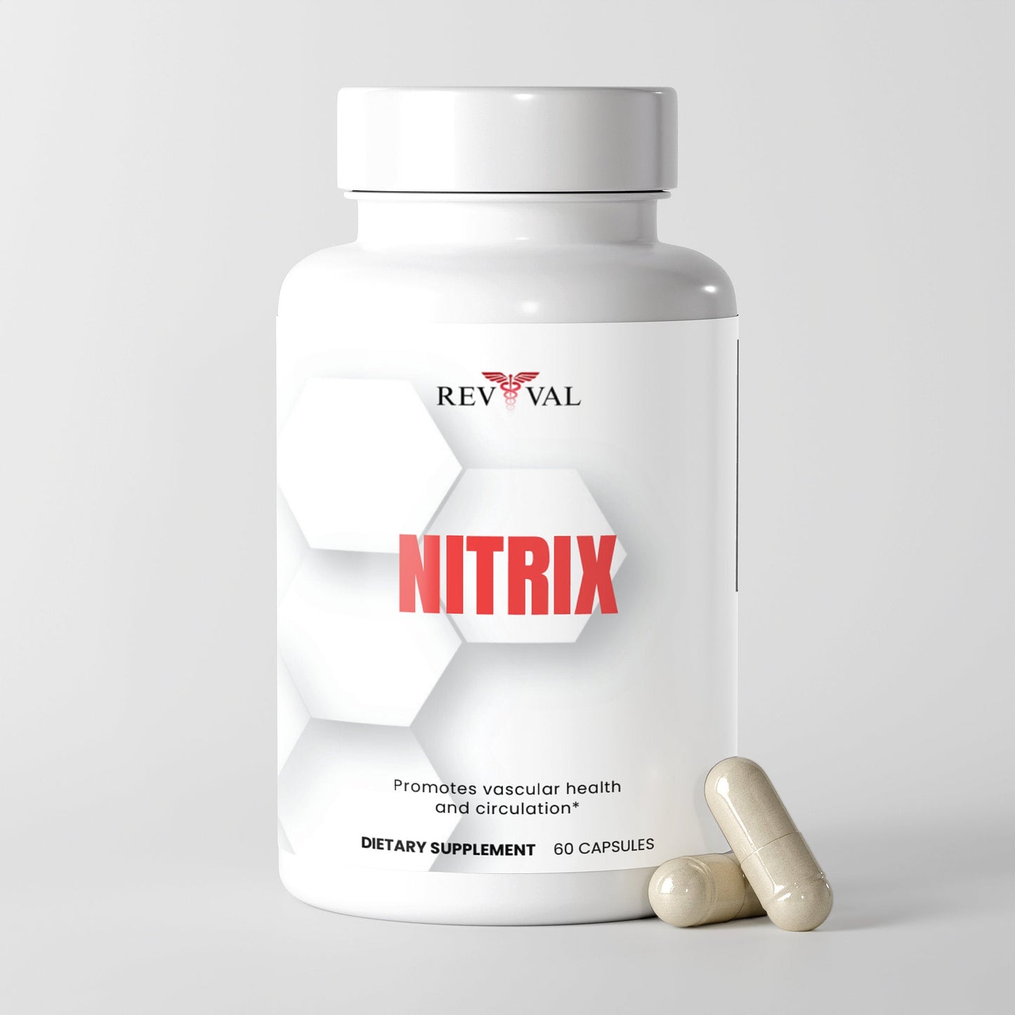 Revival Nitrix dietary supplement bottle with capsules on a light gray background