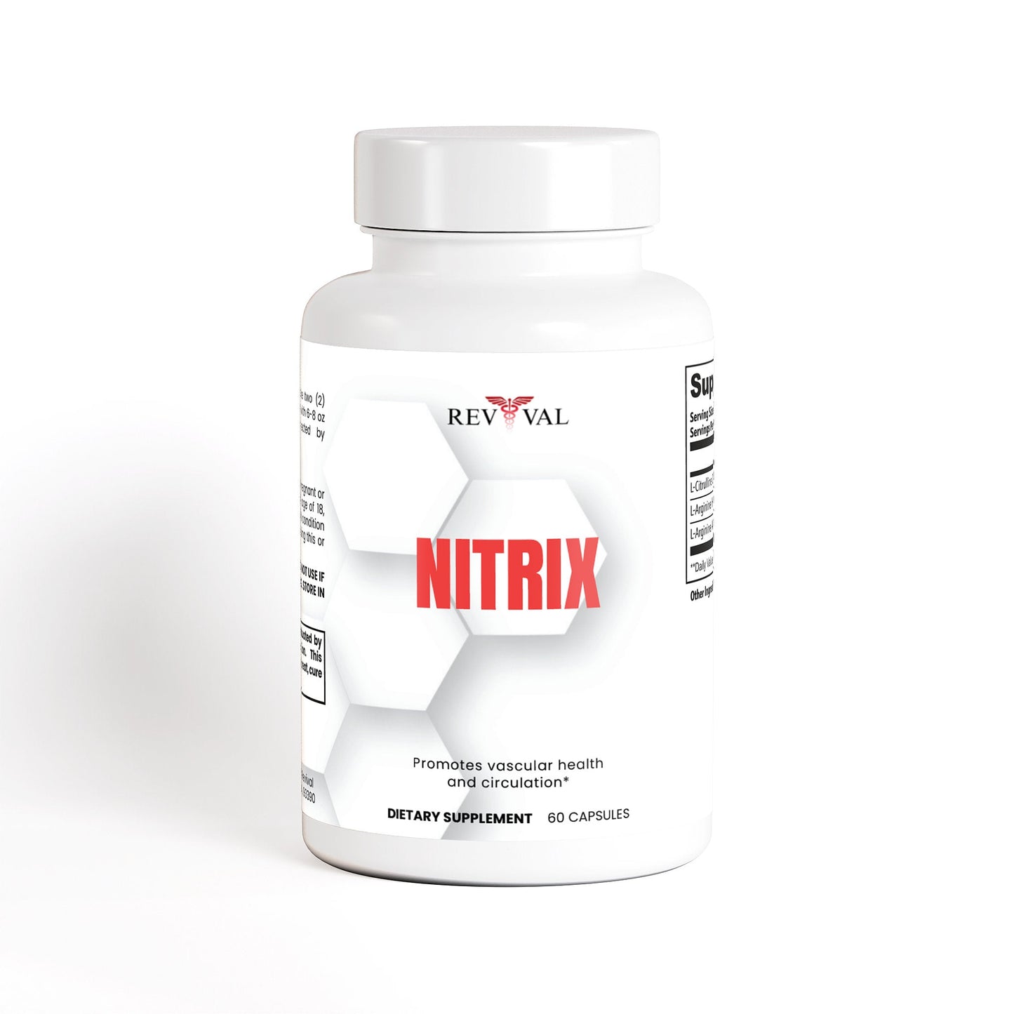 Supplement bottle labeled 'Revival Nitrix' on a white background
