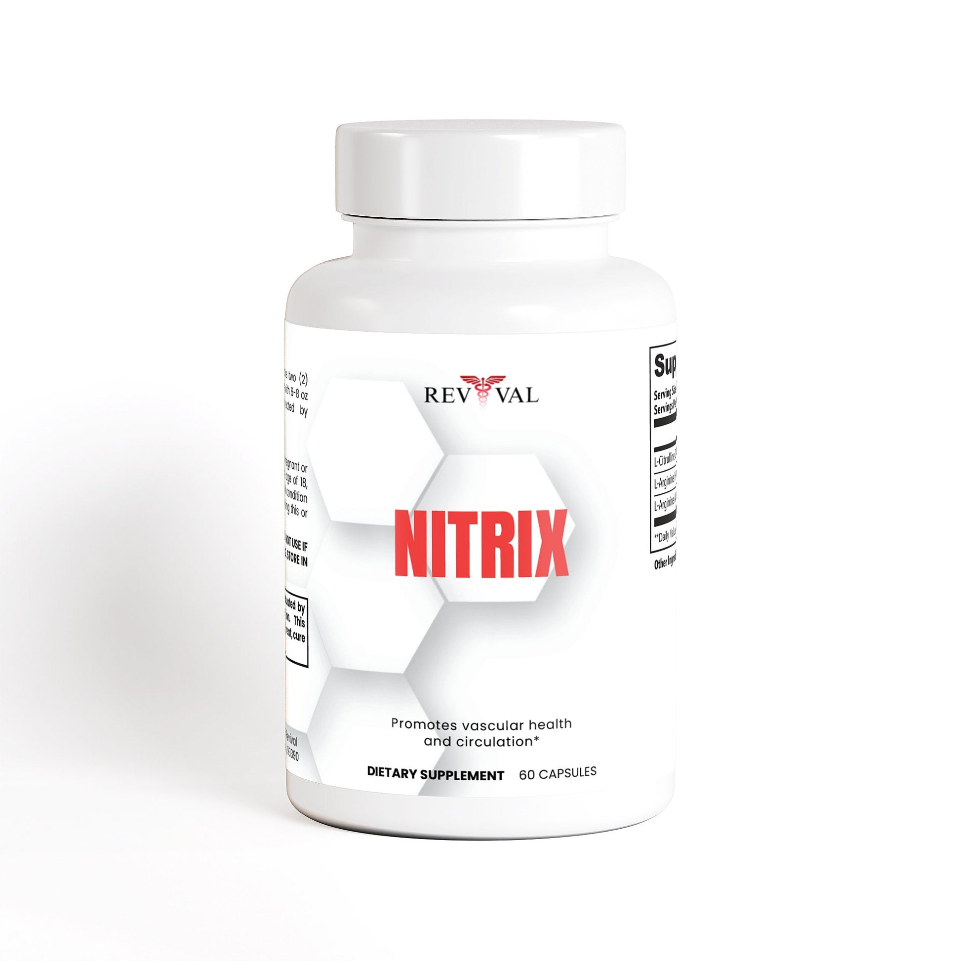 Supplement bottle labeled 'Revival Nitrix' on a white background