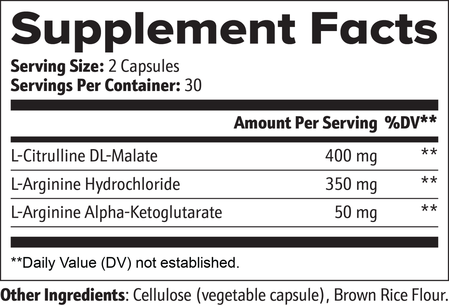 Supplement facts label with ingredients and serving sizes on a white background