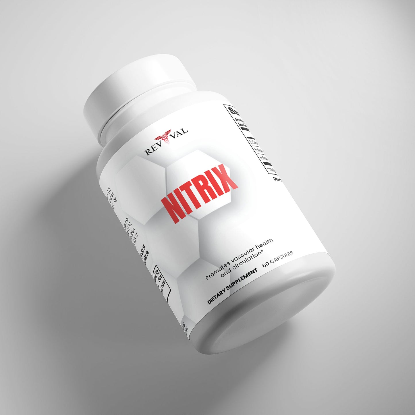 White supplement bottle labeled 'NITRIX' by Revival on a gray background