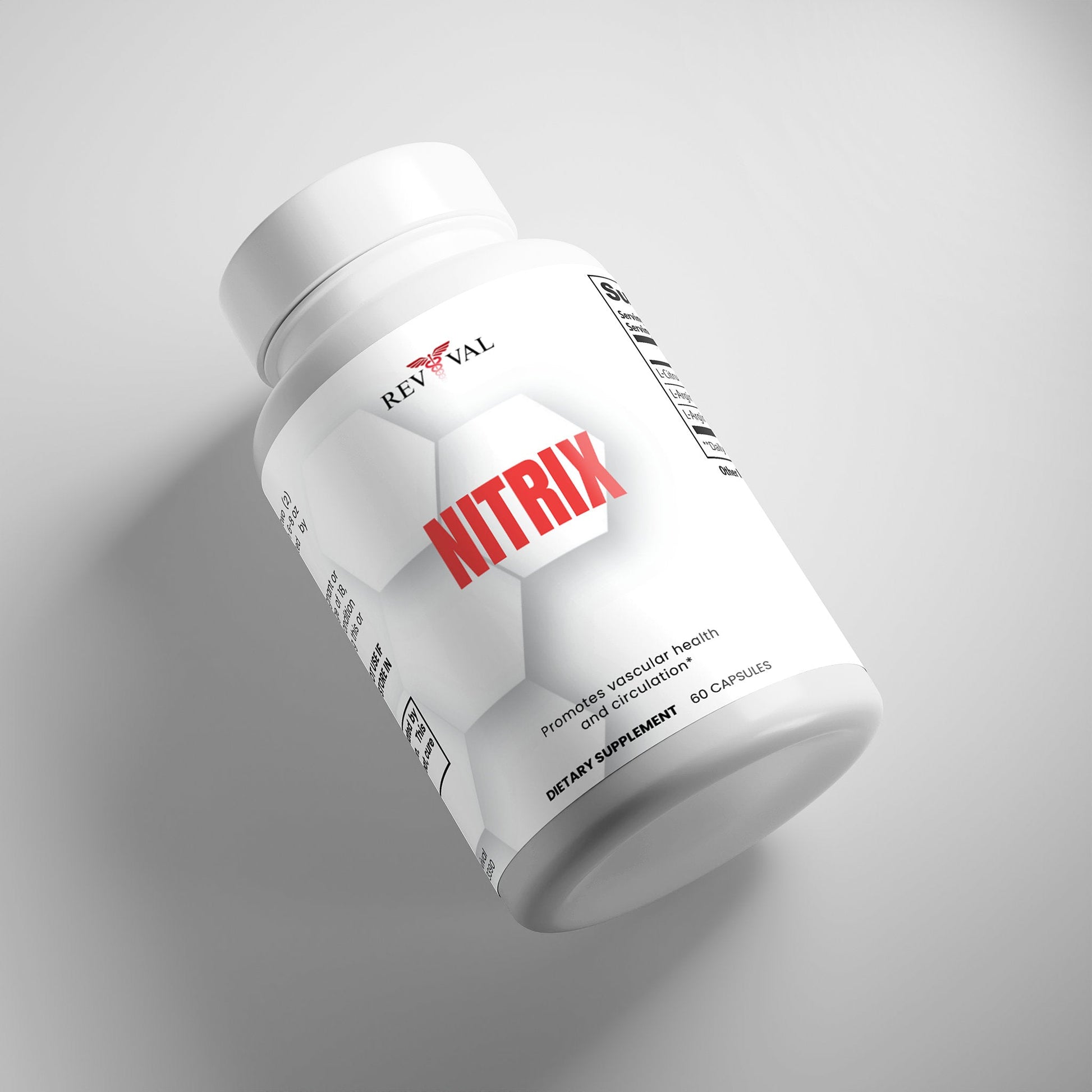White supplement bottle labeled 'NITRIX' by Revival on a gray background