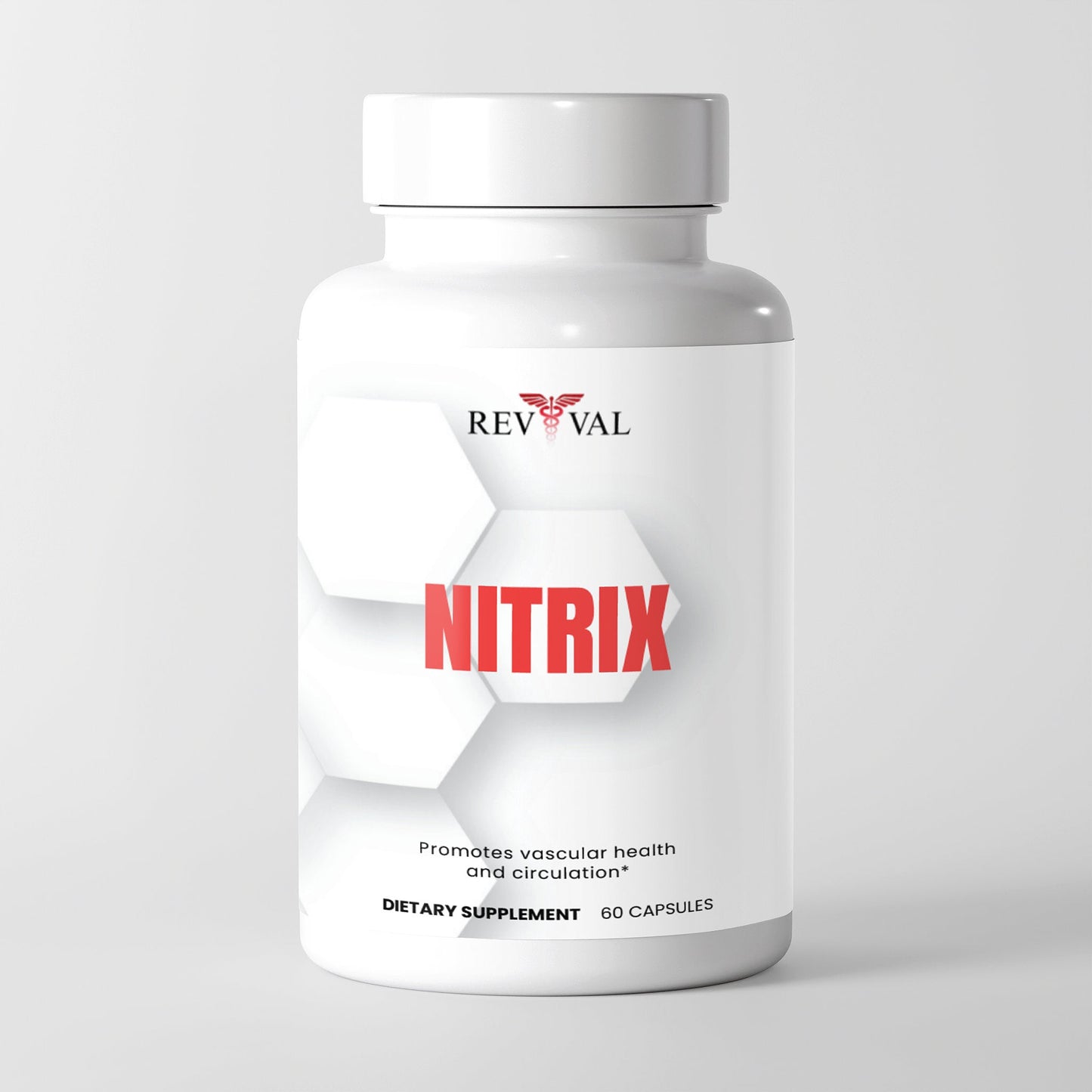 Supplement bottle labeled 'Nitrix' by Revival on a white background