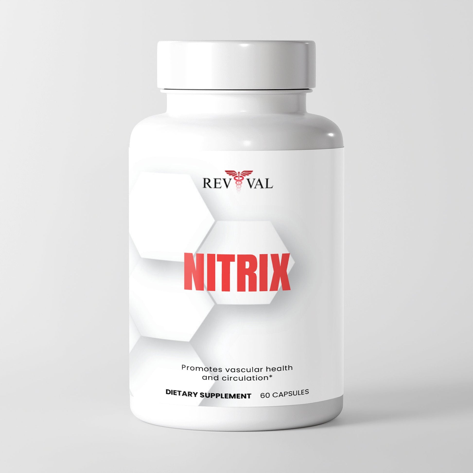 Supplement bottle labeled 'Nitrix' by Revival on a white background