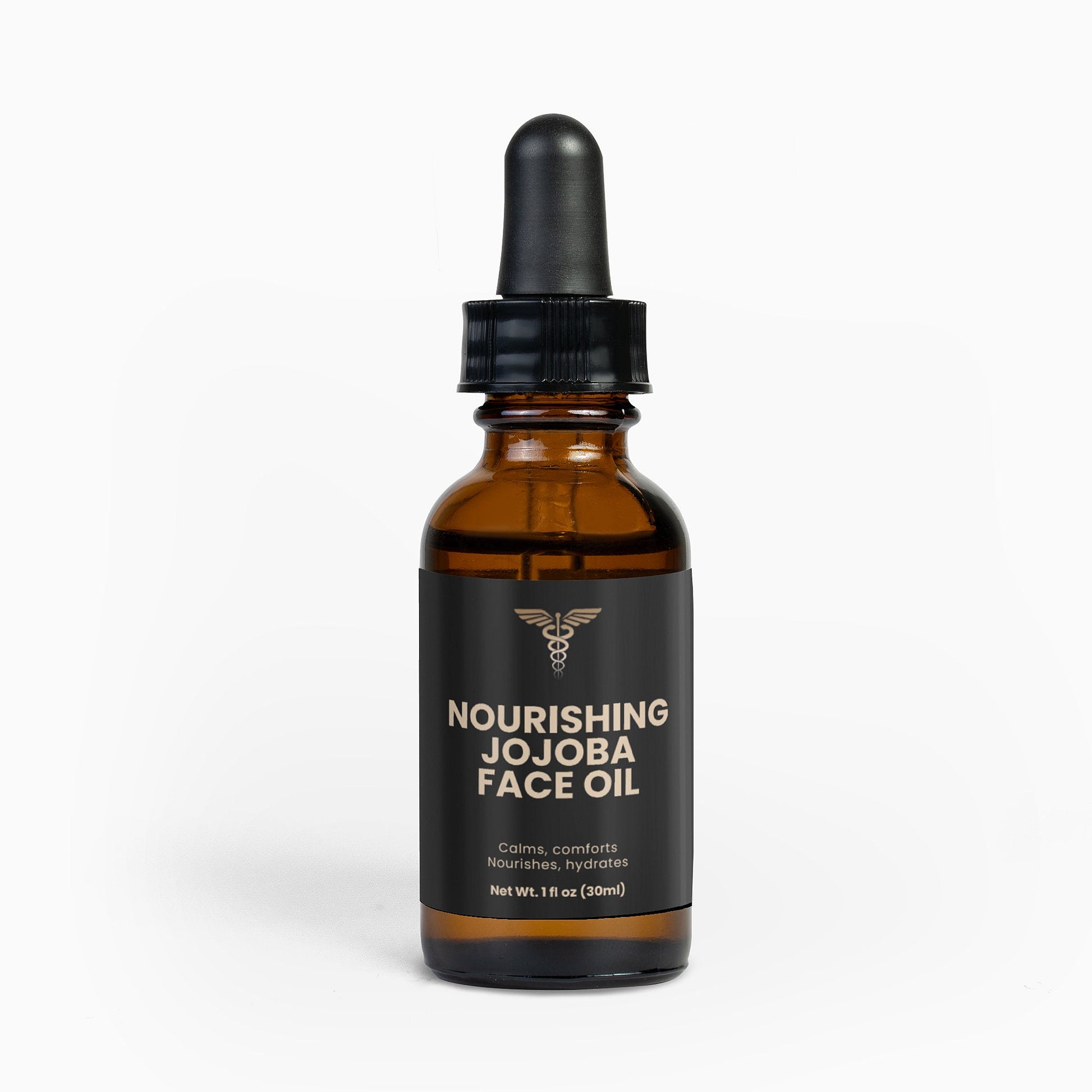 Bottle of Nourishing Jojoba Face Oil with dropper on a white background