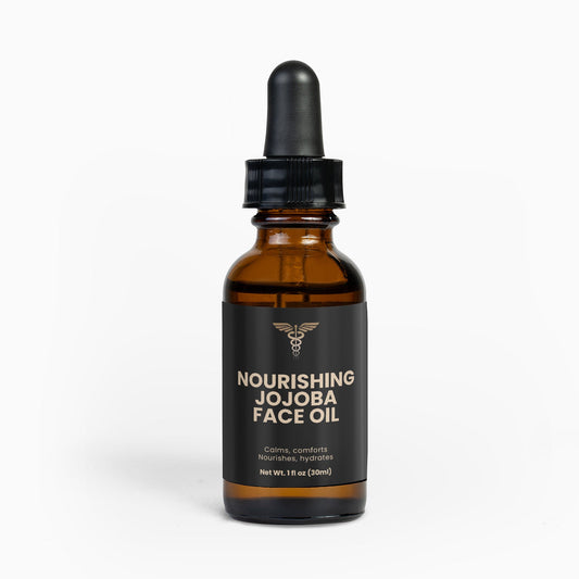 Bottle of Nourishing Jojoba Face Oil with dropper on a white background