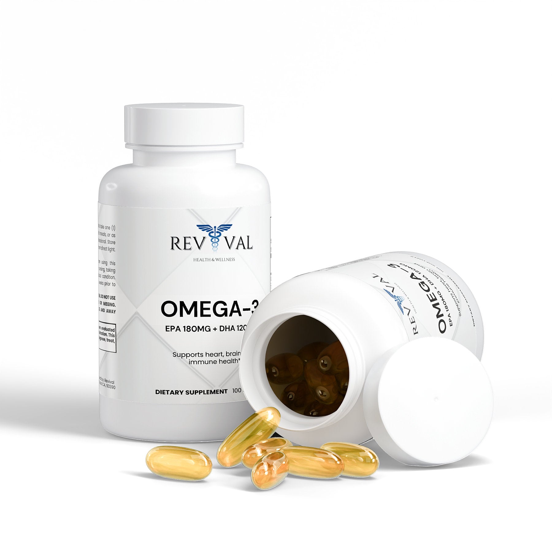 Omega-3 EPA 180mg + DHA 120mg, open bottle, capsules