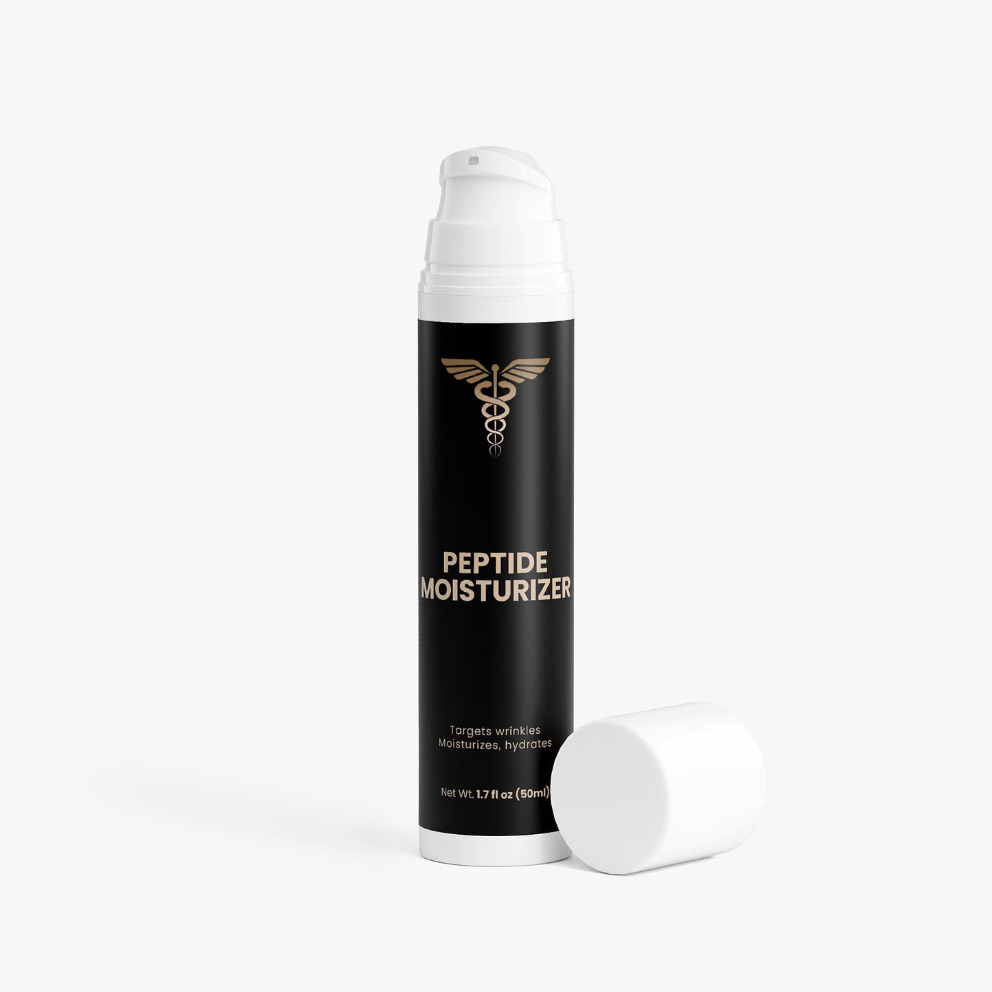 Peptide moisturizer bottle with cap on a white background