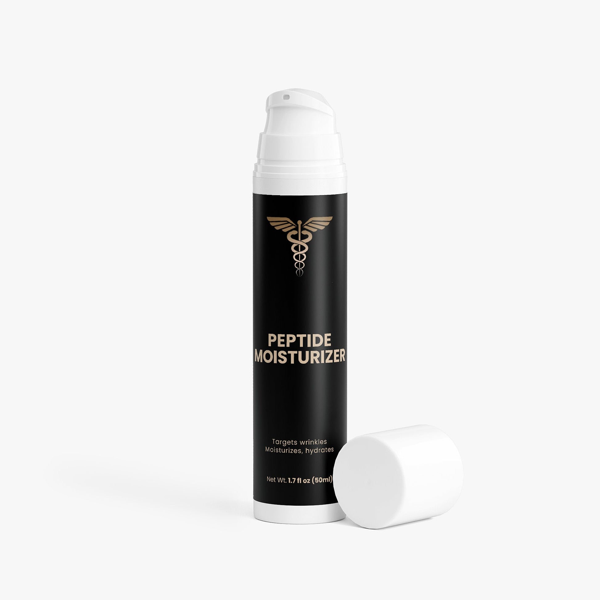 Peptide moisturizer bottle with cap on a white background