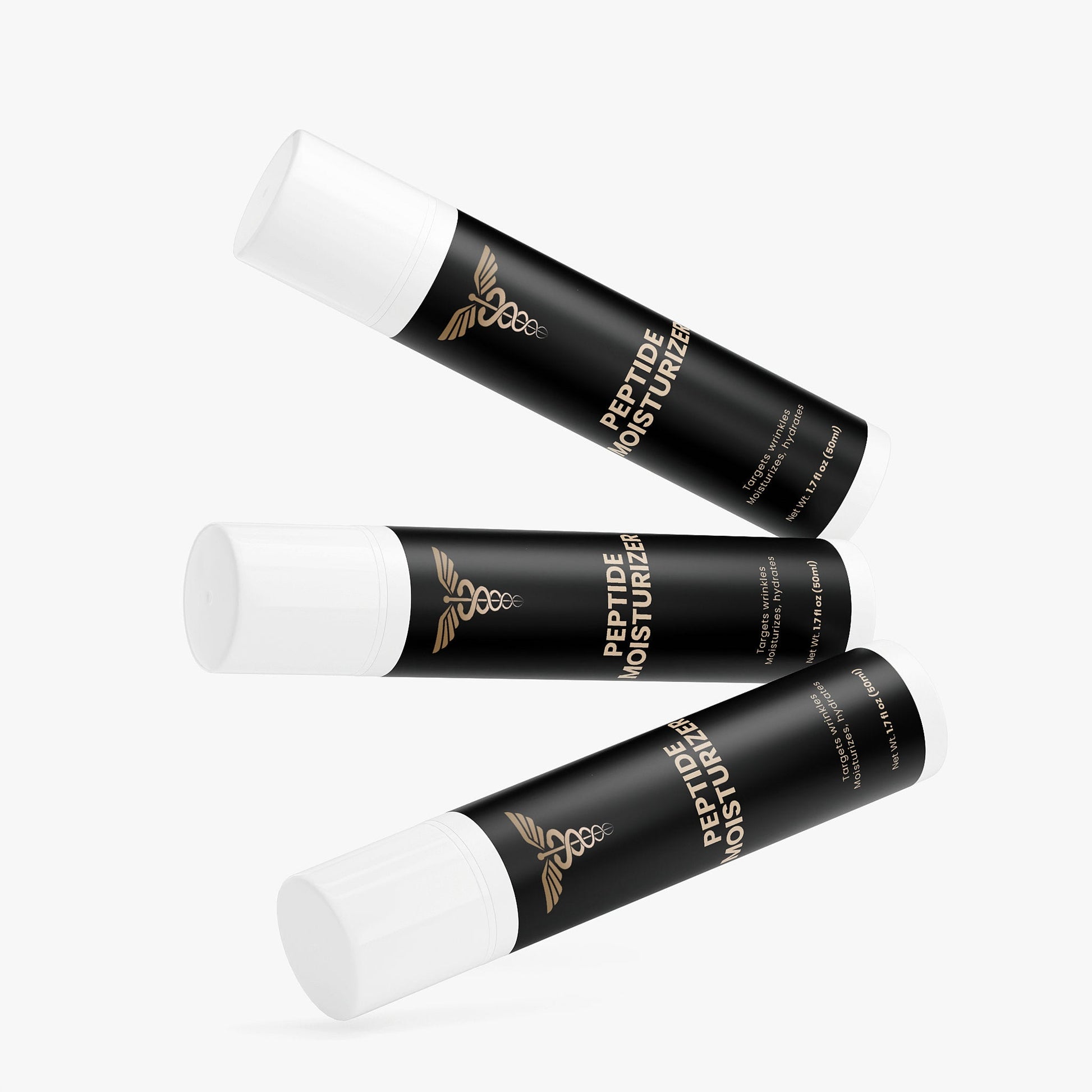 Three black tubes of peptide moisturizer with white caps on a white background
