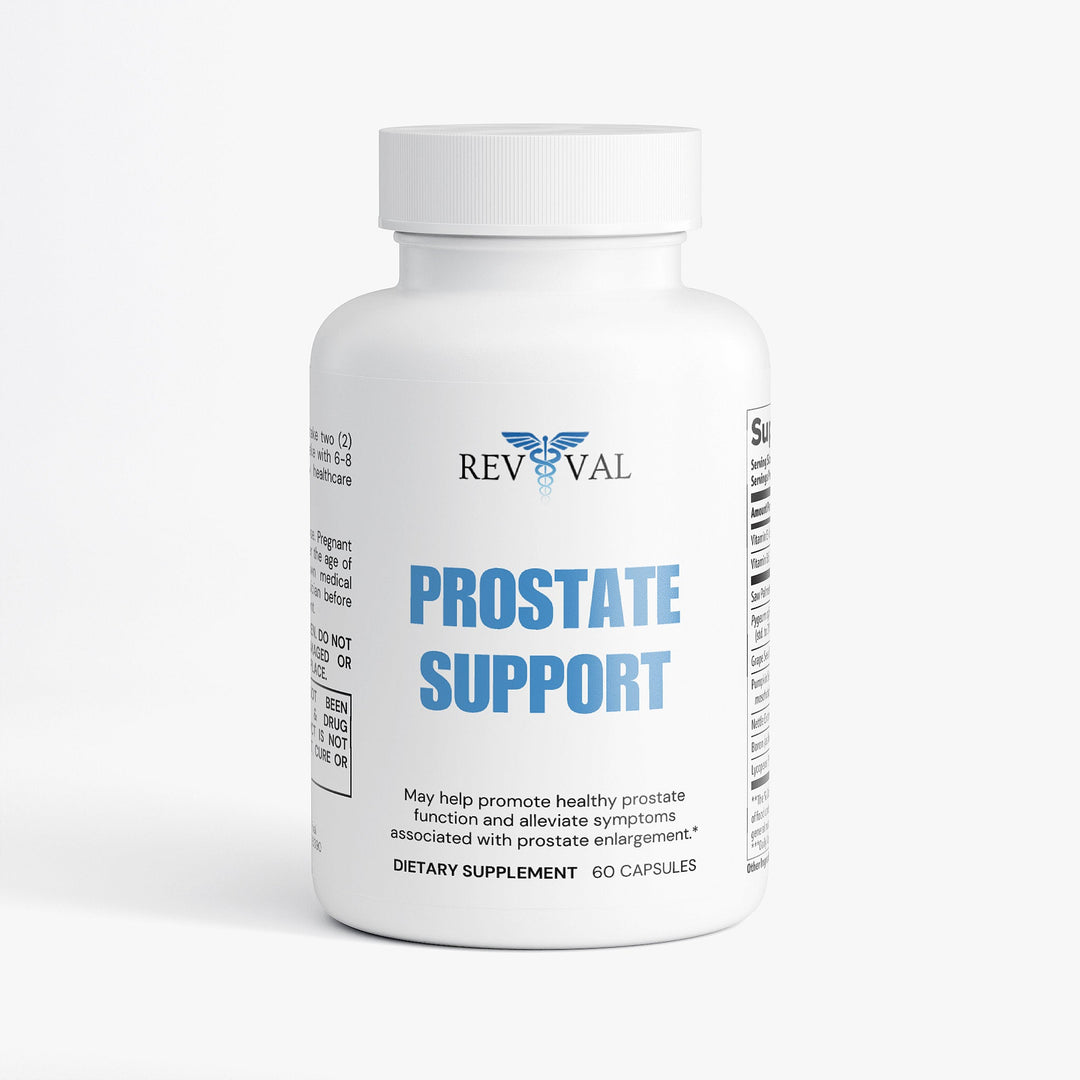 Supplement bottle labeled 'Prostate Support' by Revival on a white background