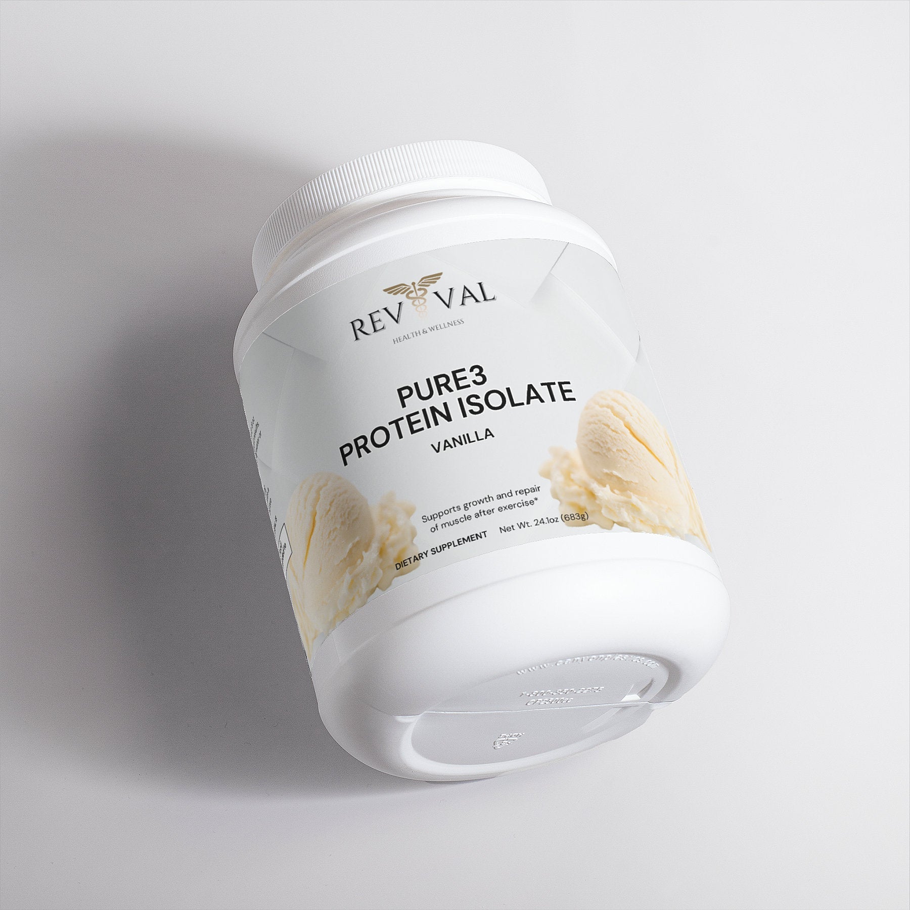Pure3 Protein Isolate (Vanilla), front angled bottle