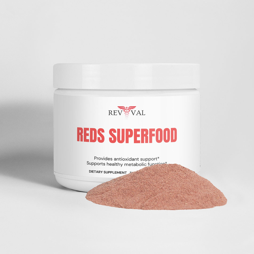 Rev Val Reds Superfood container with pink powder on a light gray background
