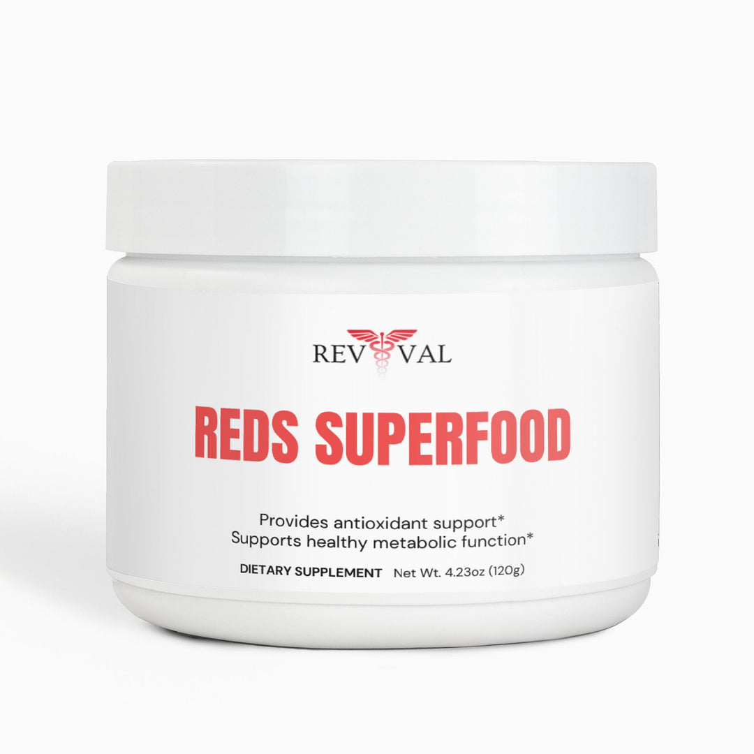 Revival Reds Superfood supplement jar on a white background