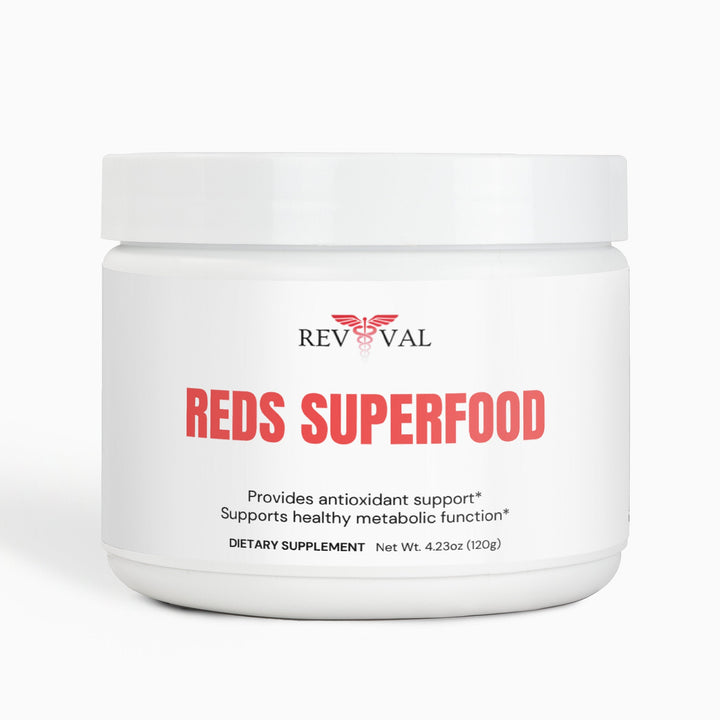 Revival Reds Superfood supplement jar on a white background