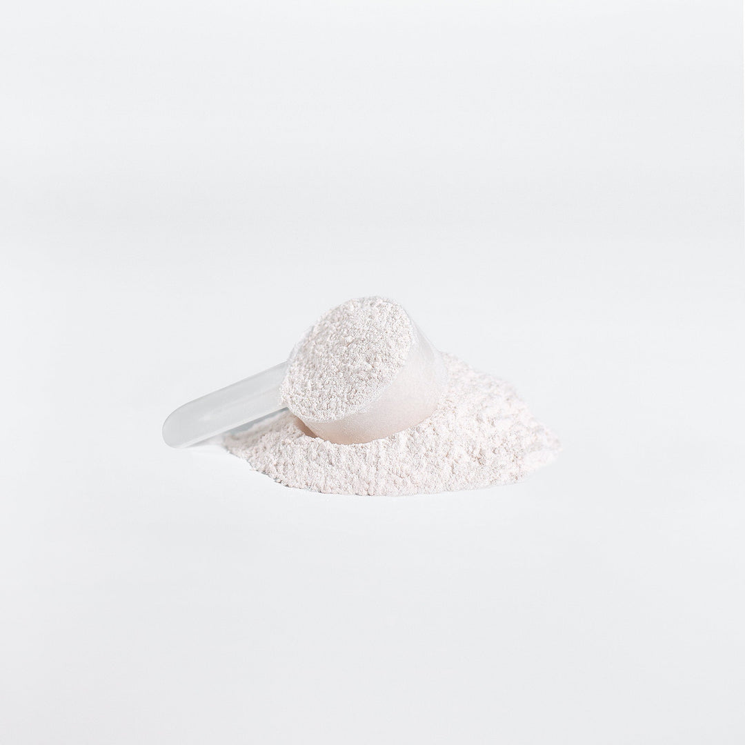 White powder in a scoop on a white background