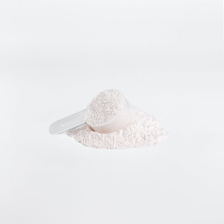 White powder in a scoop on a white background