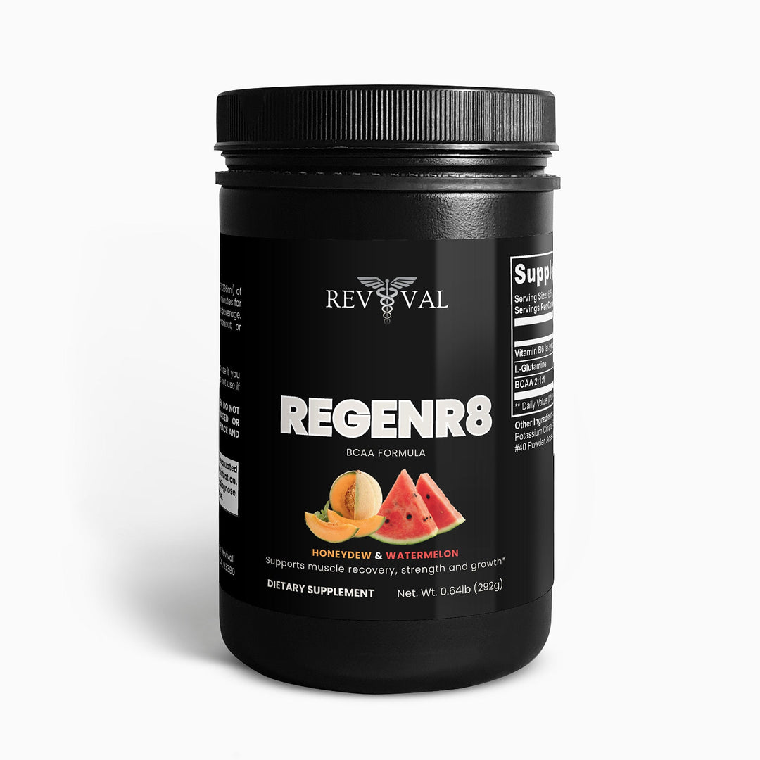 Black supplement container labeled 'REGENR8' with Revival logo on a white background