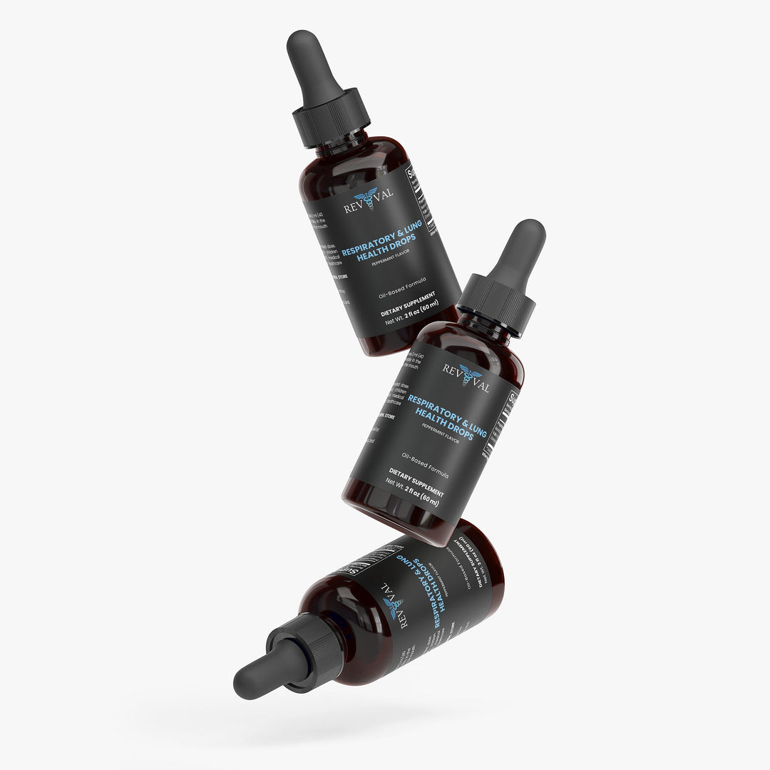 Three bottles of Reviva Labs respiratory health drops on a white background