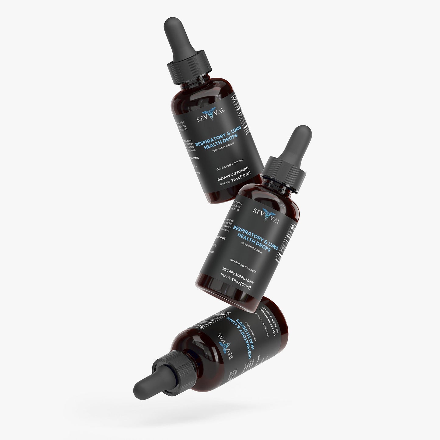 Three bottles of Reviva Labs respiratory health drops on a white background