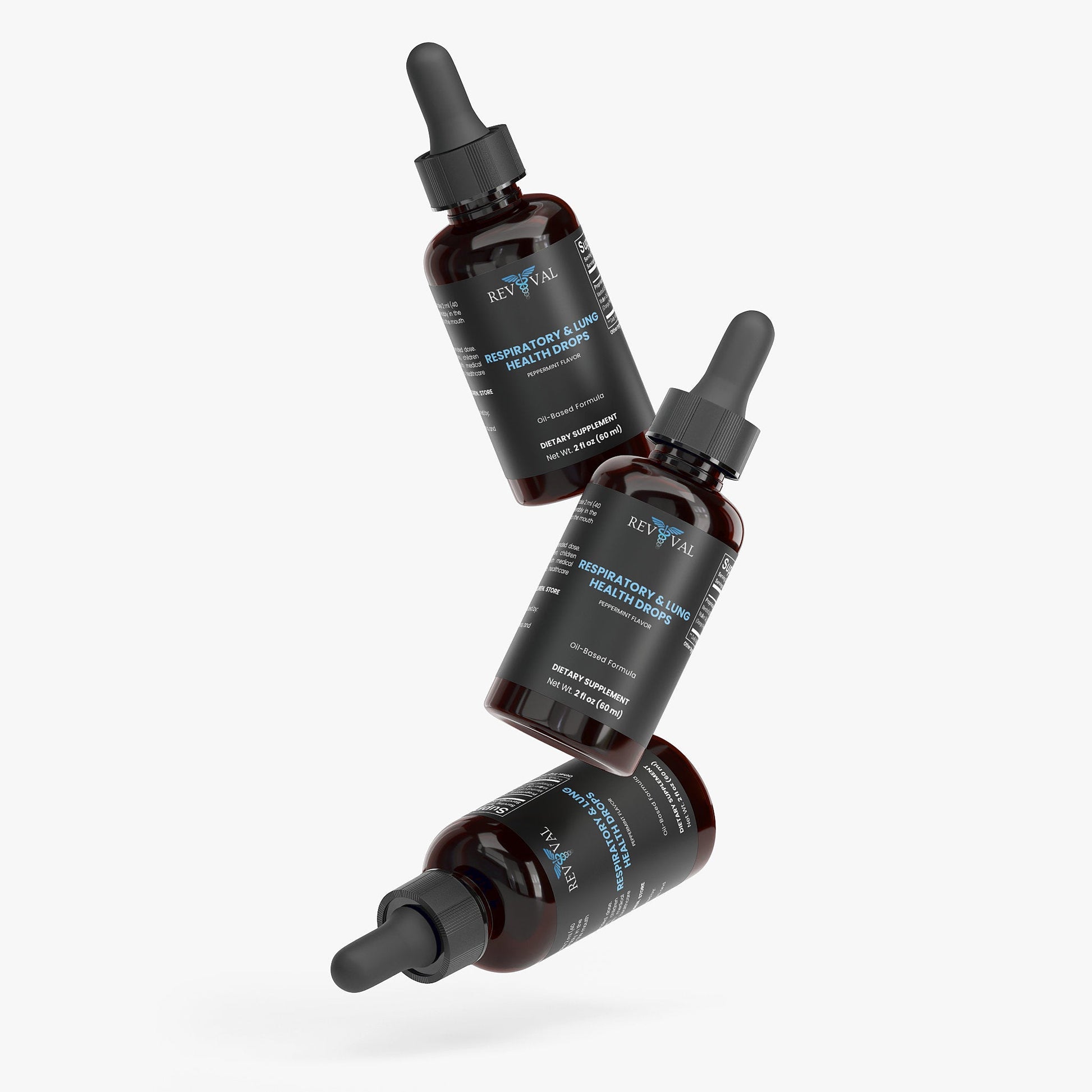 Three bottles of Reviva Labs respiratory health drops on a white background