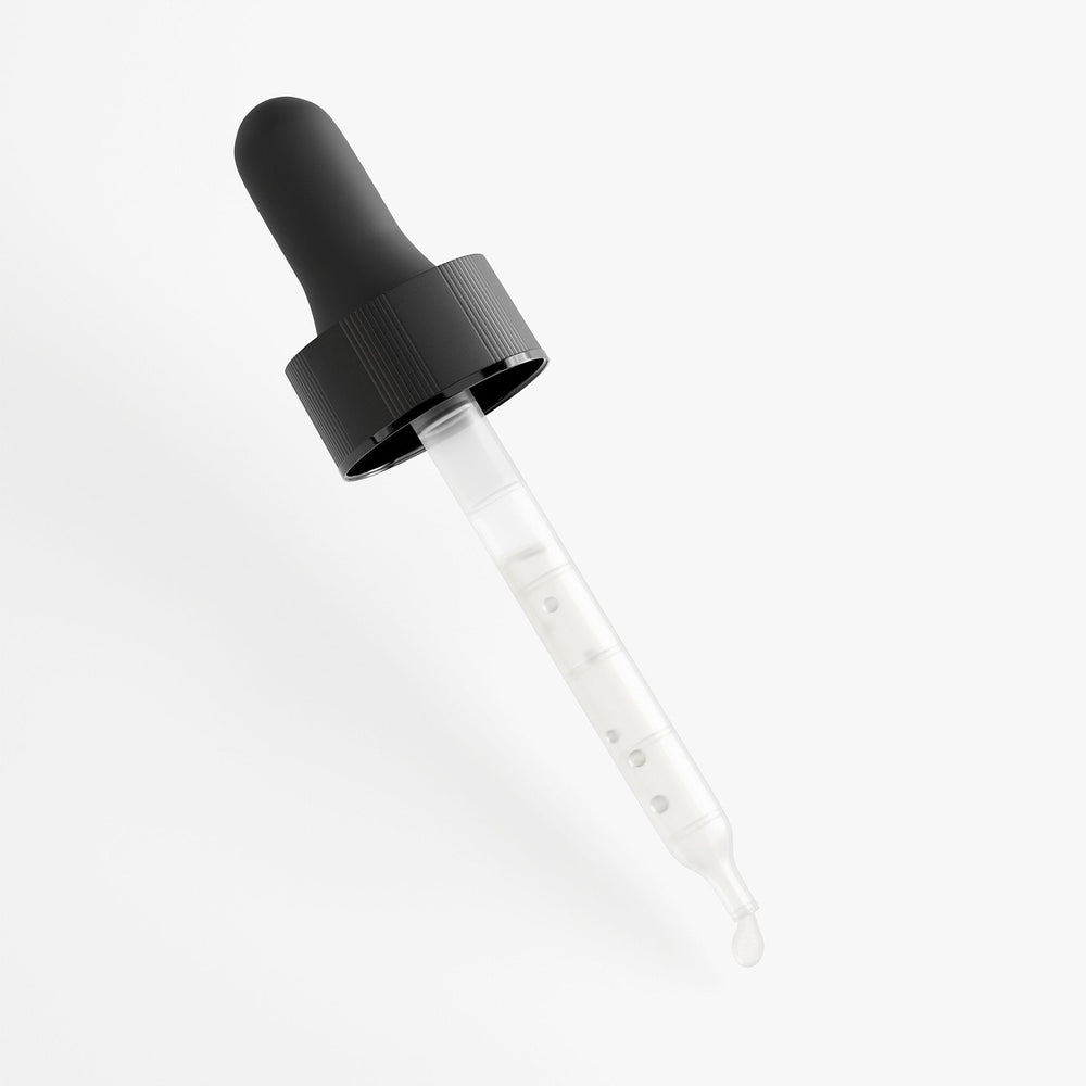 Clear dropper bottle with black cap on a white background