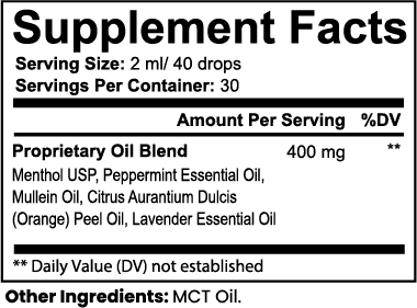 Supplement facts label for a proprietary oil blend with serving size and container details.