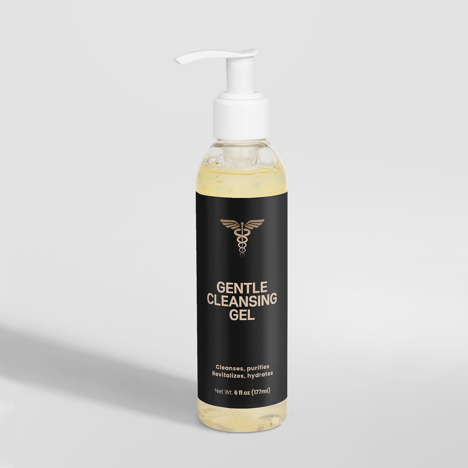Bottle of Gentle Cleansing Gel with a black label on a light gray background