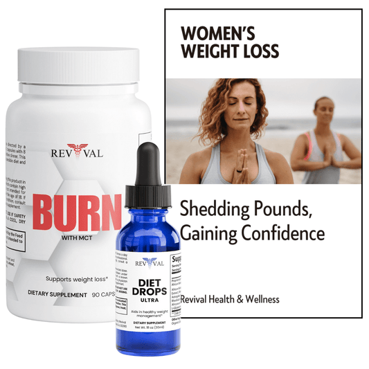 Revival Health & Wellness weight loss supplements with a woman meditating on a beach.