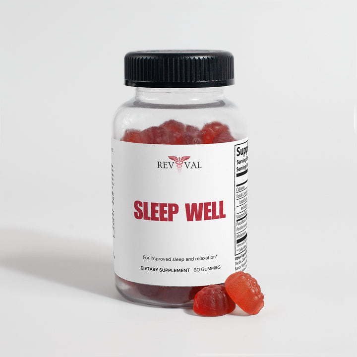 Bottle of Revival Sleep Well gummy supplement with a white background