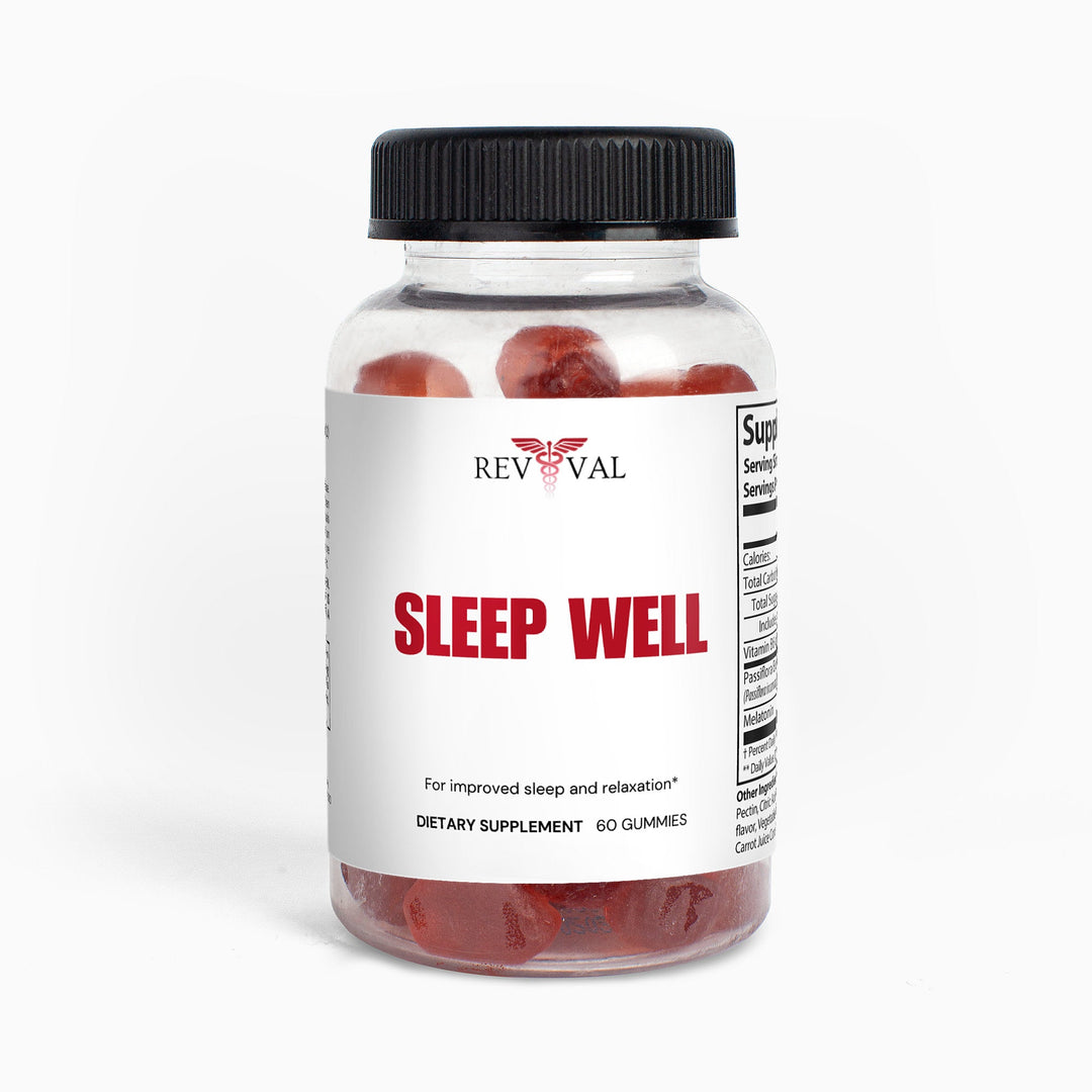 Bottle of Revival Sleep Well gummy vitamins on a white background