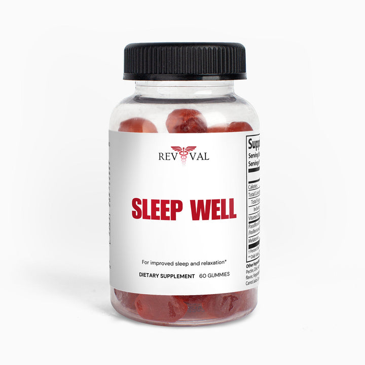 Bottle of Revival Sleep Well gummy vitamins on a white background