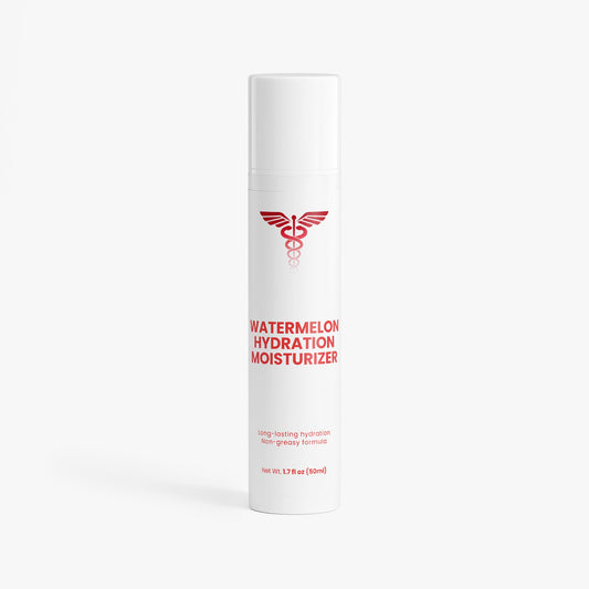 White cylindrical container of watermelon hydration moisturizer with red text on a white background