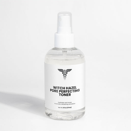 Bottle of witch hazel pore perfecting toner on a white background