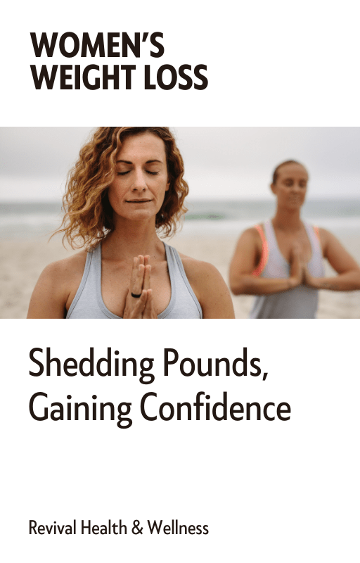 Two women practicing yoga on a beach with text about women's weight loss and confidence.